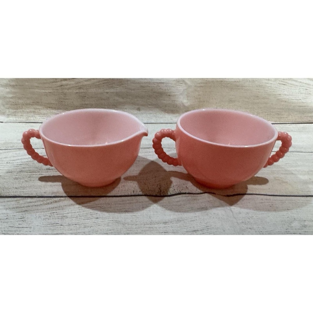 Hazel Atlas Glass PINK CRINOLINE Ripple Pattern Creamer Pitcher & Sugar Bowl Set